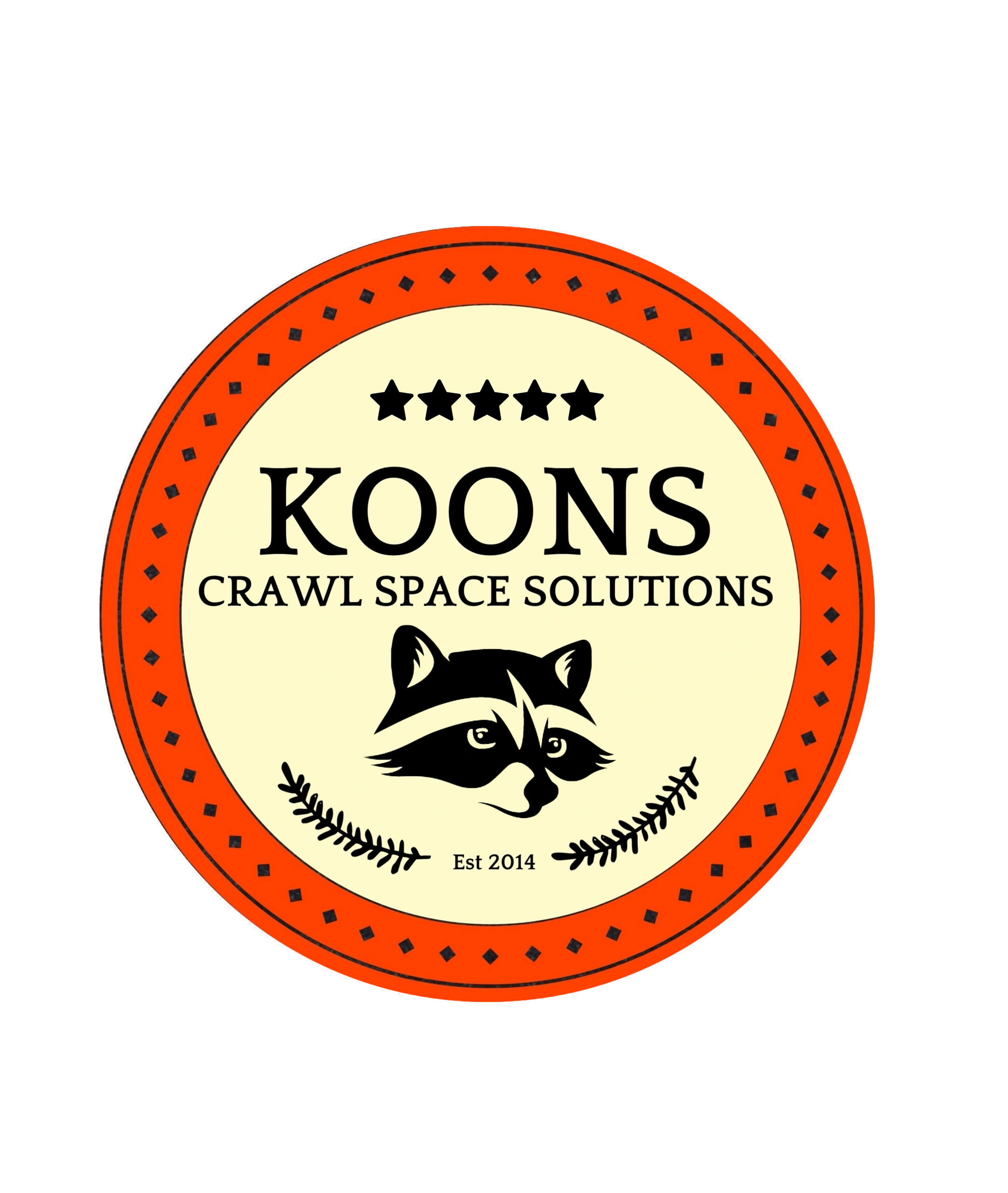 The Koons Crawl Space Solutions mark: a raccoon in a five-star ring.